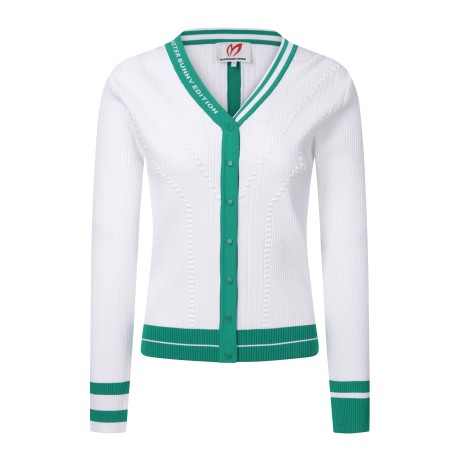 여성 배색 라인 엠보 패턴 니트 가디건