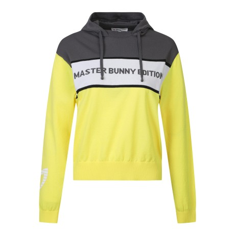 여성 컬러 믹스 로고 후드 니트 탑