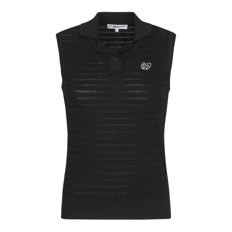 여성 로고 패치 오픈 칼라넥 슬리브리스 니트