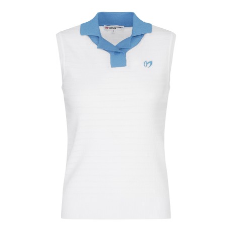 여성 로고 패치 오픈 칼라넥 슬리브리스 니트