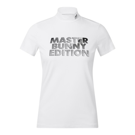 여성 스트라이프 레터링 모크넥 반팔 티셔츠