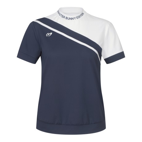 여성 사선 컬러 믹스 로고넥 반팔 티셔츠