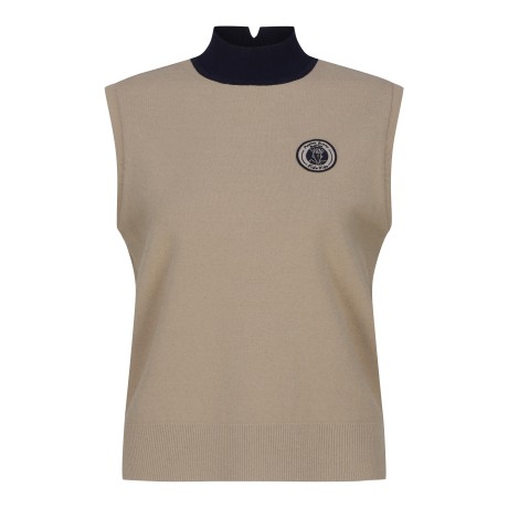 여성 컬러 모크넥 백 로고 니트 베스트