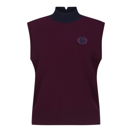 여성 컬러 모크넥 백 로고 니트 베스트