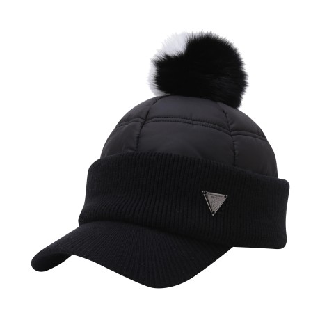여성 폼폼 탈착 패딩 믹스 니트 볼캡