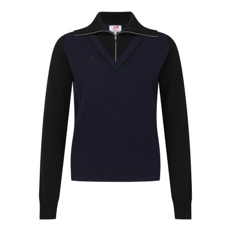 여성 배색 브이 하프 집업 터틀넥 스웨터