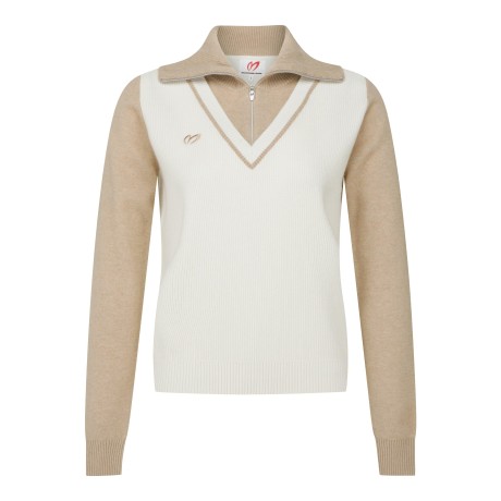 여성 배색 브이 하프 집업 터틀넥 스웨터