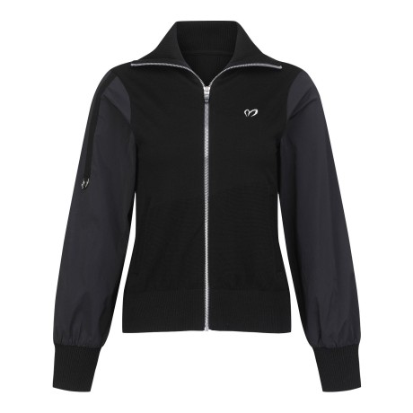 여성 우븐 믹스 하이넥 집업 니트 가디건