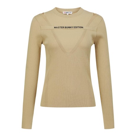 여성 로고 스트랩 컷아웃 골조직 니트