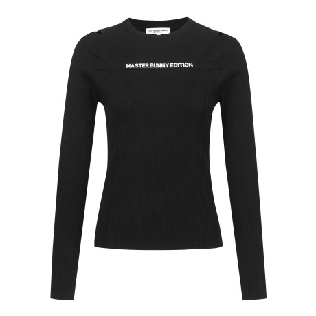 여성 로고 스트랩 컷아웃 골조직 니트