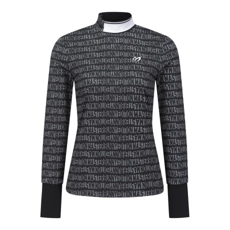 여성 로고 패턴 리브 모크넥 긴팔 티셔츠