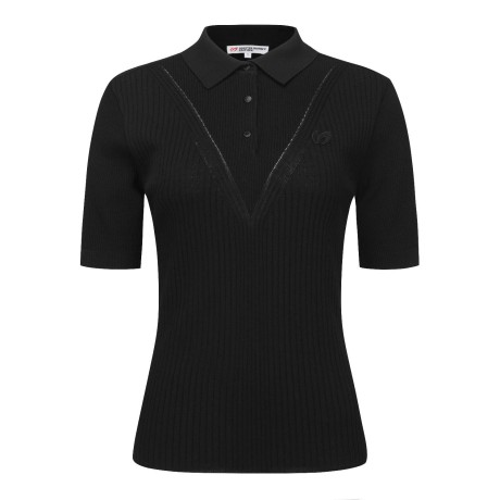 여성 골조직 V 짜임 칼라 반팔 니트