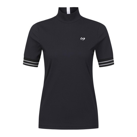 여성 골지 슬리브 블록 하프넥 반팔 티셔츠