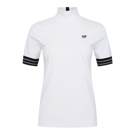 여성 골지 슬리브 블록 하프넥 반팔 티셔츠