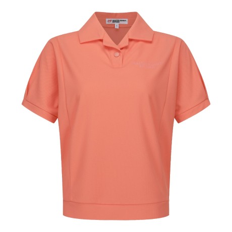 여성 백 엠보 레터링 오픈 칼라 반팔 티셔츠