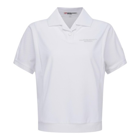 여성 백 엠보 레터링 오픈 칼라 반팔 티셔츠