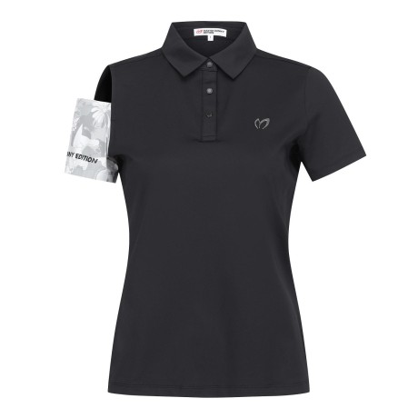 여성 카모 믹스 슬릿 칼라 반팔 티셔츠