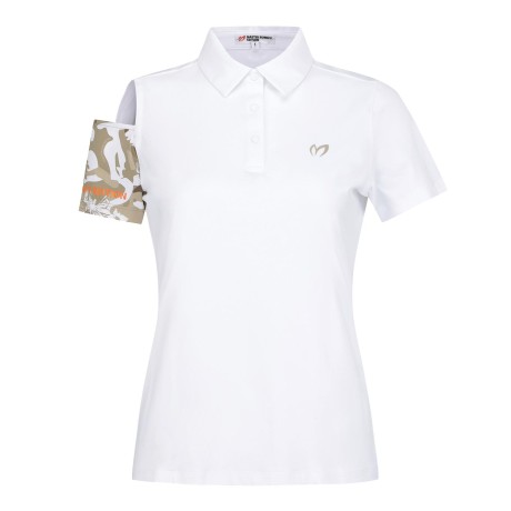 여성 카모 믹스 슬릿 칼라 반팔 티셔츠