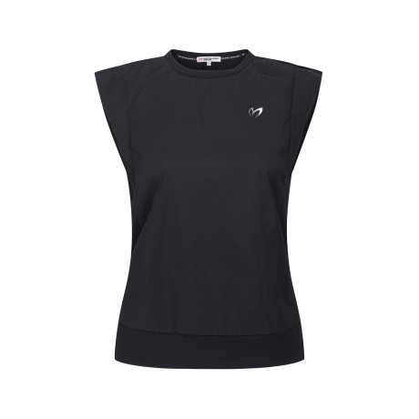 여성 심볼 우븐 믹스 슬리브리스 탑