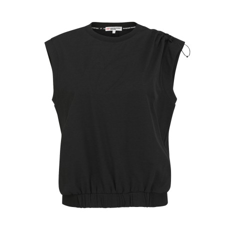 여성 엠보 심볼 스트링 슬리브리스 티셔츠