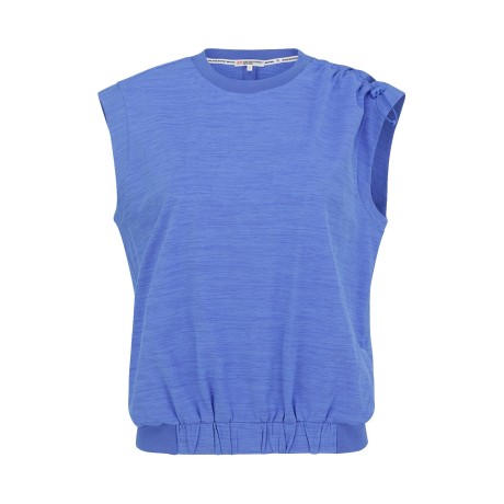 여성 엠보 심볼 스트링 슬리브리스 티셔츠