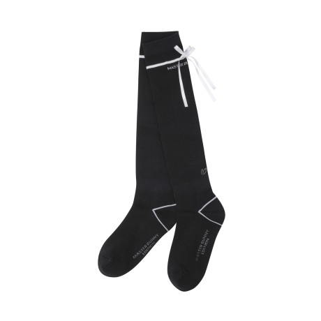 여성 배색 라인 리본 니삭스