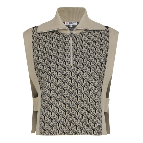 여성 로고 자카드 하프 집업 니트 베스트