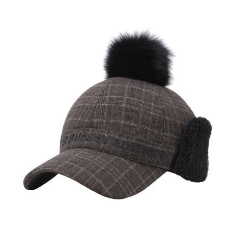 여성 탈착 폼폼이 덤블 체크 패턴 헌팅캡