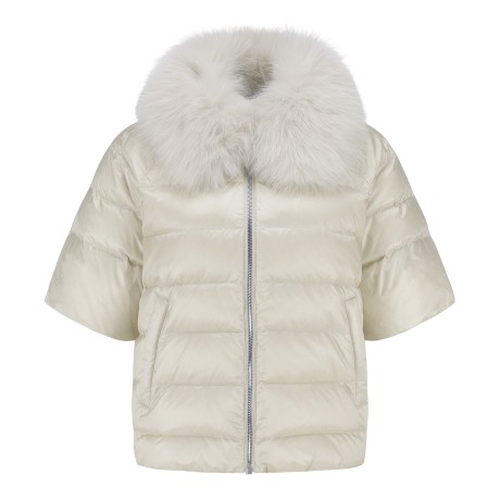 여성 폭스 퍼 칼라 반소매 구스다운 점퍼