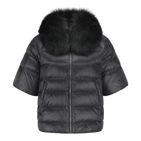 여성 폭스 퍼 칼라 반소매 구스다운 점퍼