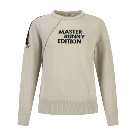 여성 우븐 믹스 루즈핏 배색 로고 니트