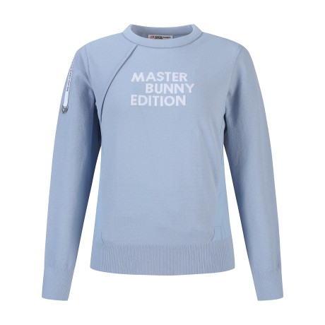 여성 우븐 믹스 루즈핏 배색 로고 니트