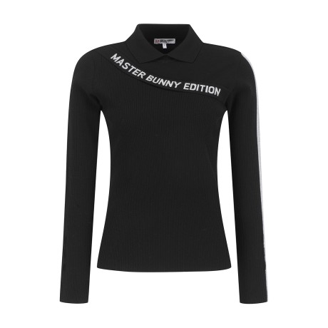 여성 사선 로고 패널 골조직 칼라 니트