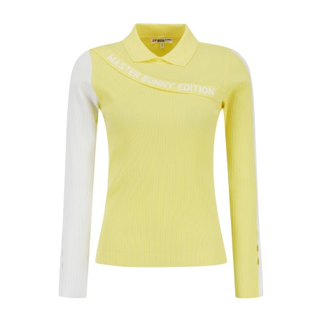 여성 사선 로고 패널 골조직 칼라 니트