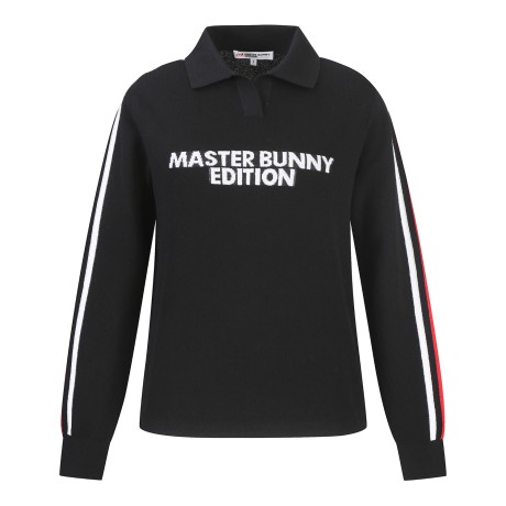 여성 컬러 라인 배색 로고 오픈 칼라 니트