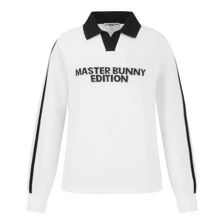 여성 컬러 라인 배색 로고 오픈 칼라 니트