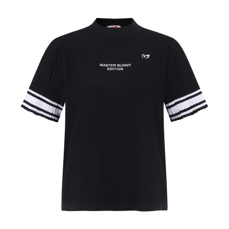 여성 배색 라인 로고 반팔 니트