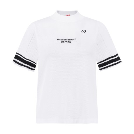 여성 배색 라인 로고 반팔 니트