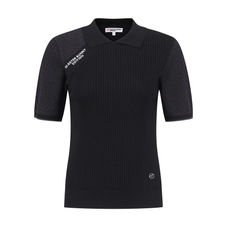 여성 사선 로고 믹스 조직 반팔 니트