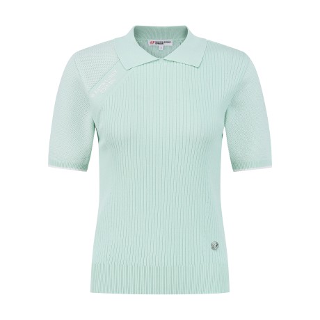 여성 사선 로고 믹스 조직 반팔 니트