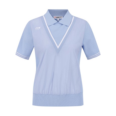 여성 타공 심볼 우븐 믹스 칼라 반팔 니트