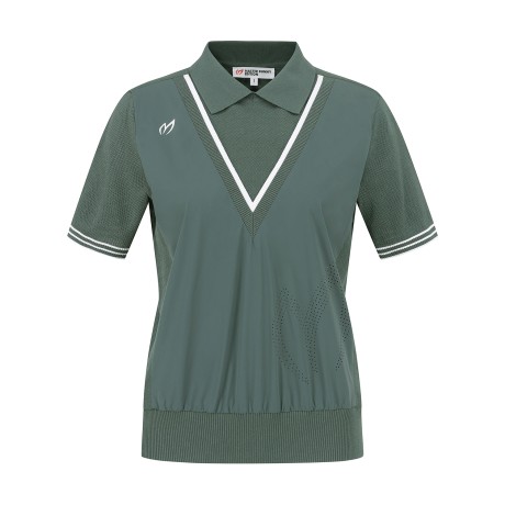 여성 타공 심볼 우븐 믹스 칼라 반팔 니트