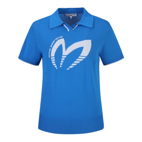 여성 배색 로고 오픈칼라 반팔 니트