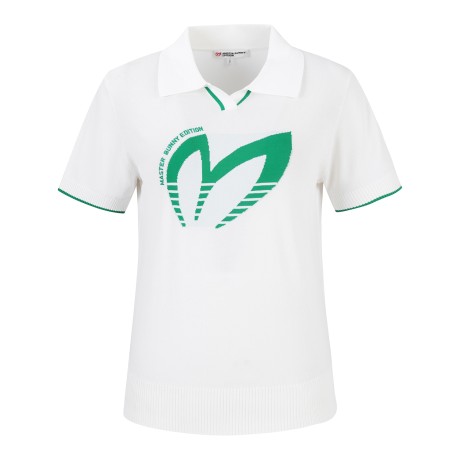 여성 배색 로고 오픈칼라 반팔 니트