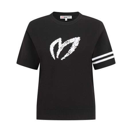 여성 자카드 로고 슬리브 라인 반팔 니트