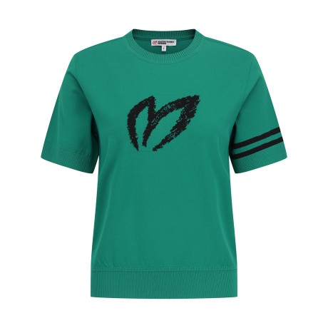 여성 자카드 로고 슬리브 라인 반팔 니트