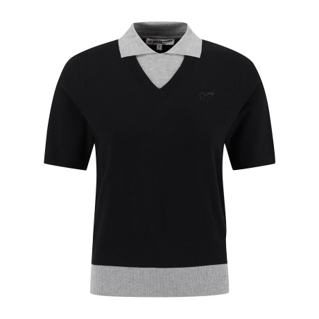 여성 컬러 블록 카라 반팔 니트