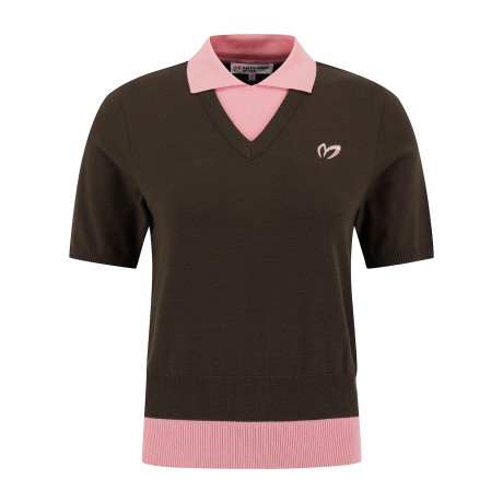 여성 컬러 블록 카라 반팔 니트