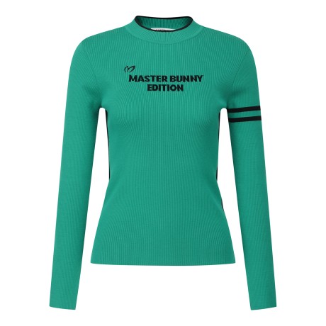 여성 배색 로고 골조직 니트