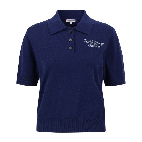 여성 로고 자수 캐시미어 카라 반팔 니트